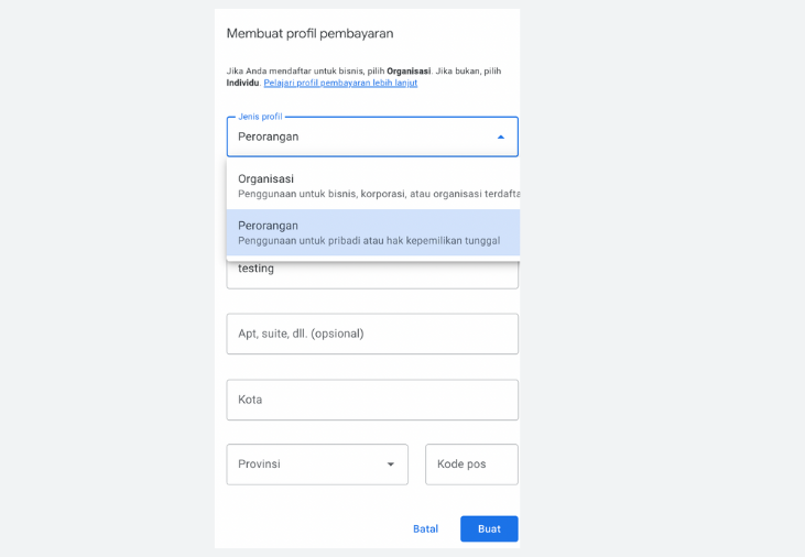 Mengisi Profil Pembayaran Google Ads